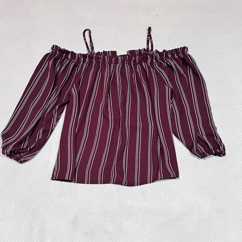 RUE 21 Womens Cold Shoulder Adjustable Strap Burgundy Stripe Crop Top Medium M‎ - Picture 3 of 6
